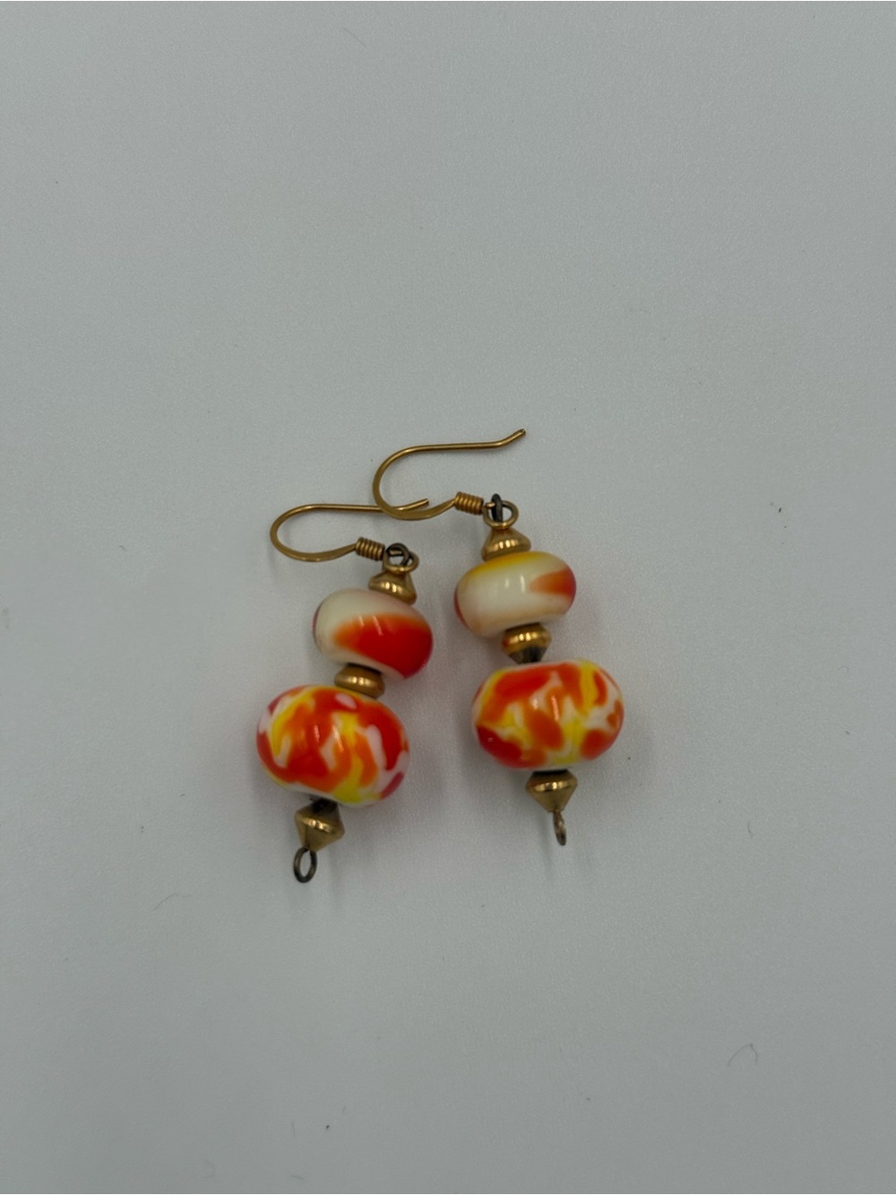 Handmade Orange & White Glass Bead Lampwork Drop Earrings